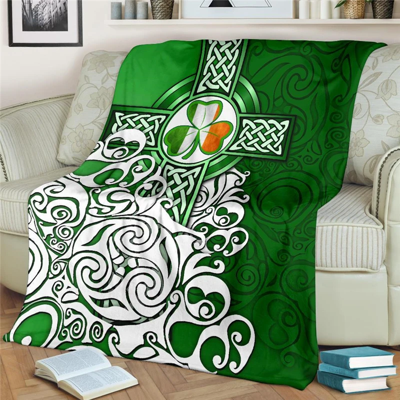 Irish Shamrock Flag with Celtic Cross Flannel Blanket 3D Print Children Blanket Home Life Travel Airplane Portable Throw Blanket