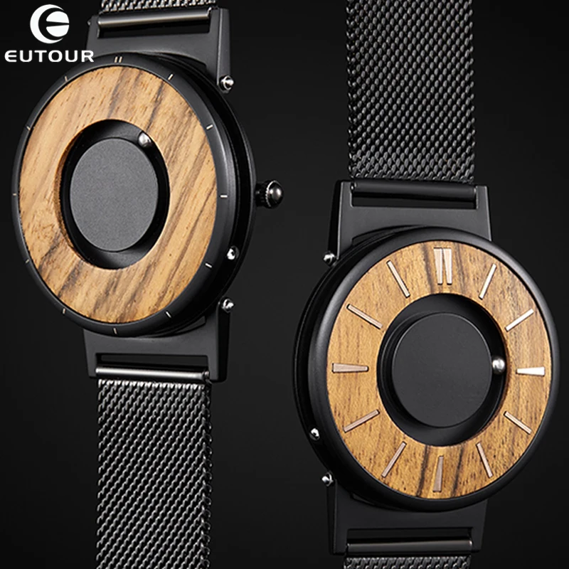 EUTOUR Wood Watch Quartz Men Watches Magnetic Magnet Metal Beads Ball Men's Wooden Dial Black Man TODO Creative Men's Reloj Saat