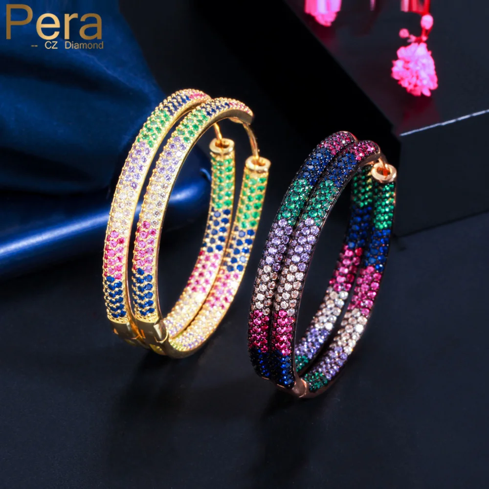 

Pera Brand Designer Micro Multicolor Cubic Zirconia Paved Big Circle Gold Color Hoop Earring for Women Chic Wedding Jewelry E692