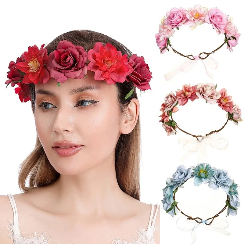 Bohemian Flower Crowns Adjustable Beach Hawaii Floral Faux Rose Wedding Wreaths Garland Headband Maternity Photography Props