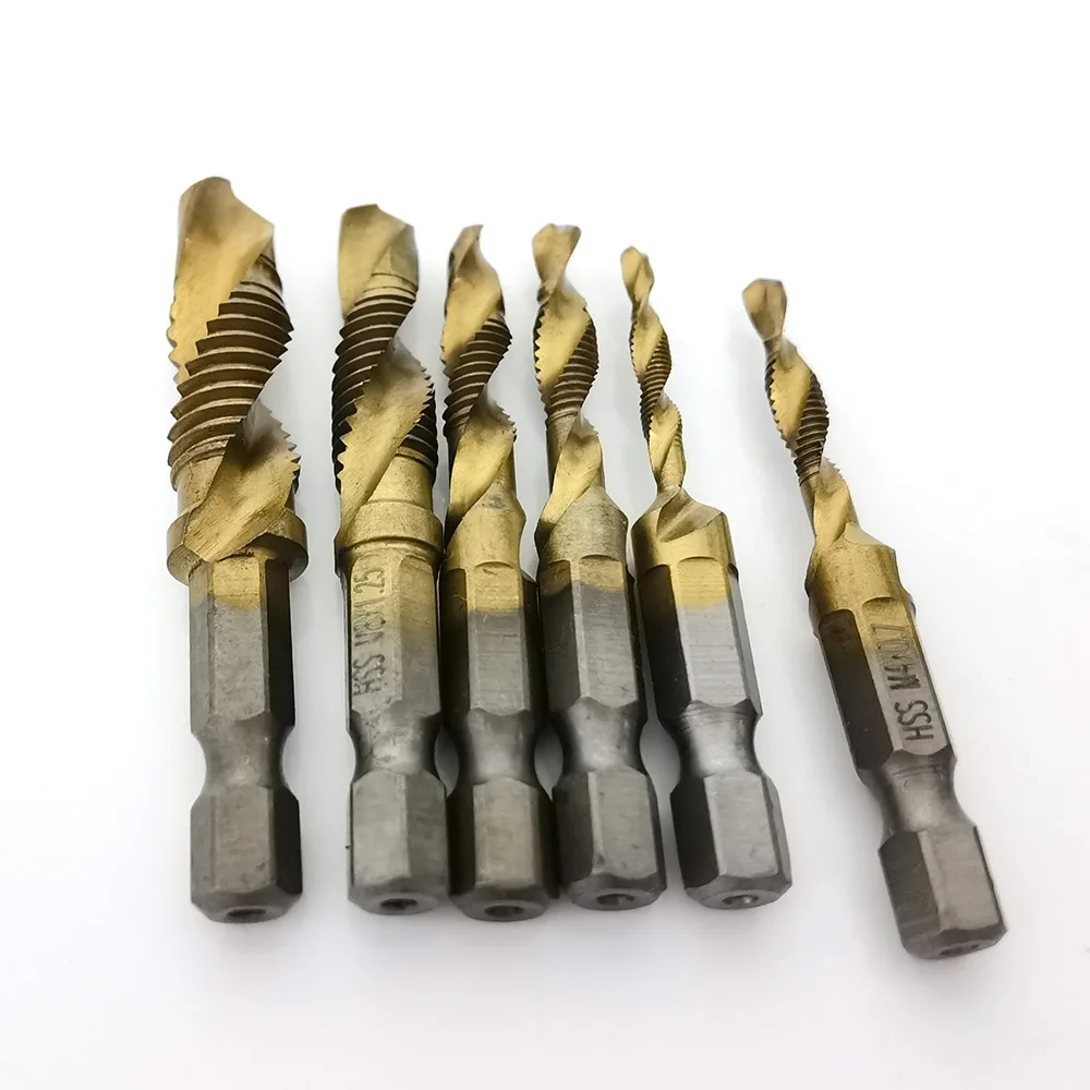 6Pcs Tap เจาะชุดไทเทเนียม Hex Shank HSS สกรูเมตริกเจาะ Bits Compound เครื่องมือ m3 M4 M5 M6 M8