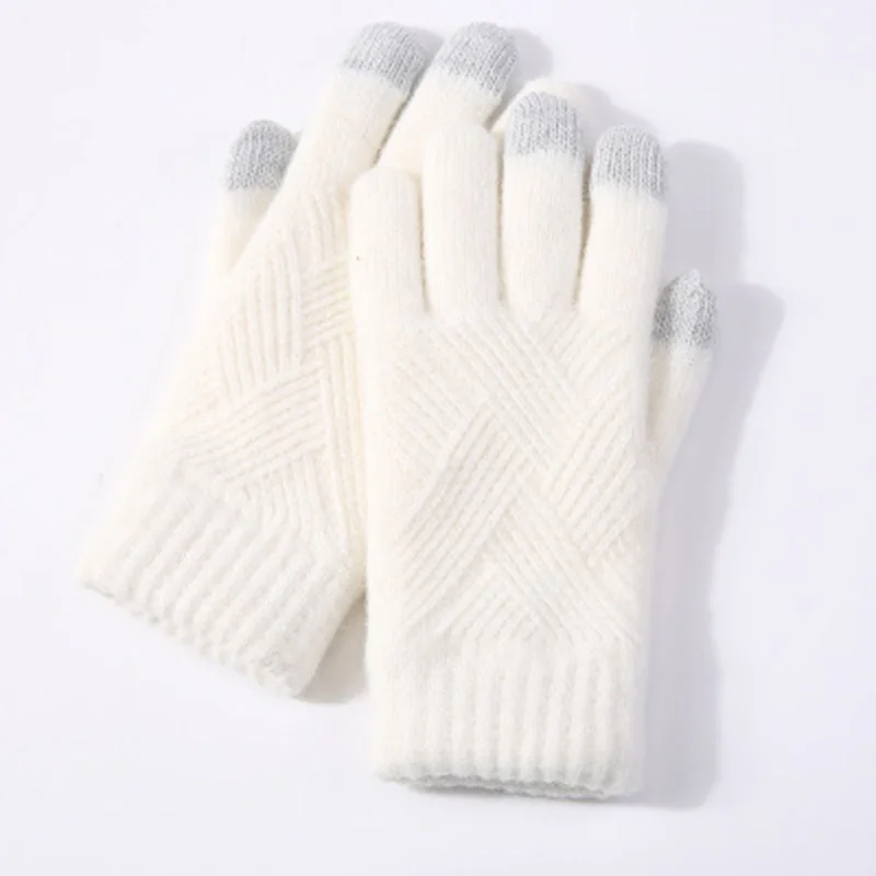 Men Women Winter Double Layer Warm Knit Full Finger Mitten Female Woolen Touch Screen Thick Velvet Cycling Driving Glove H46