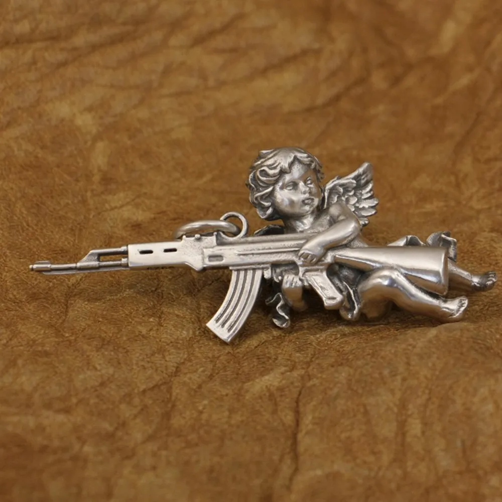 

LINSION Angel with Gun 925 Sterling Silver Peace and War Lovely Charms Pendant TA289