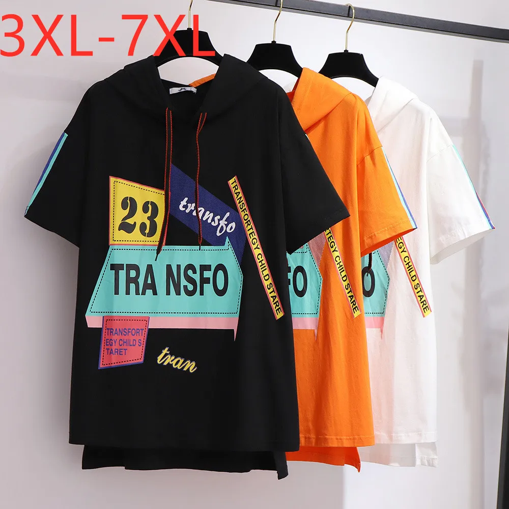 

New 2021 Summer Plus Size Tops For Women Large Hoodie Loose Short Sleeve Print Black White Cotton T-shirt 3XL 4XL 5XL 6XL 7XL