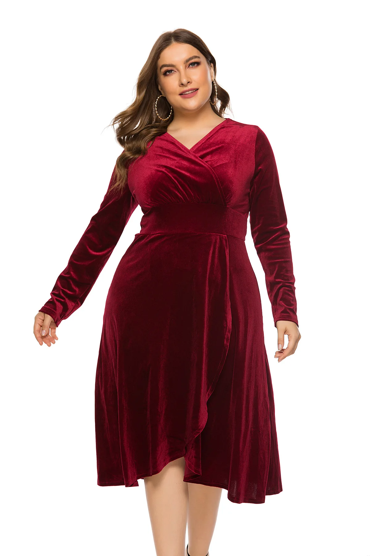 Women's Retro Velvet Long Sleeve V-neck A-Line Cocktail Dress Burgundy Long Sleeve Party Dress 2021 New  Short Prom Dress