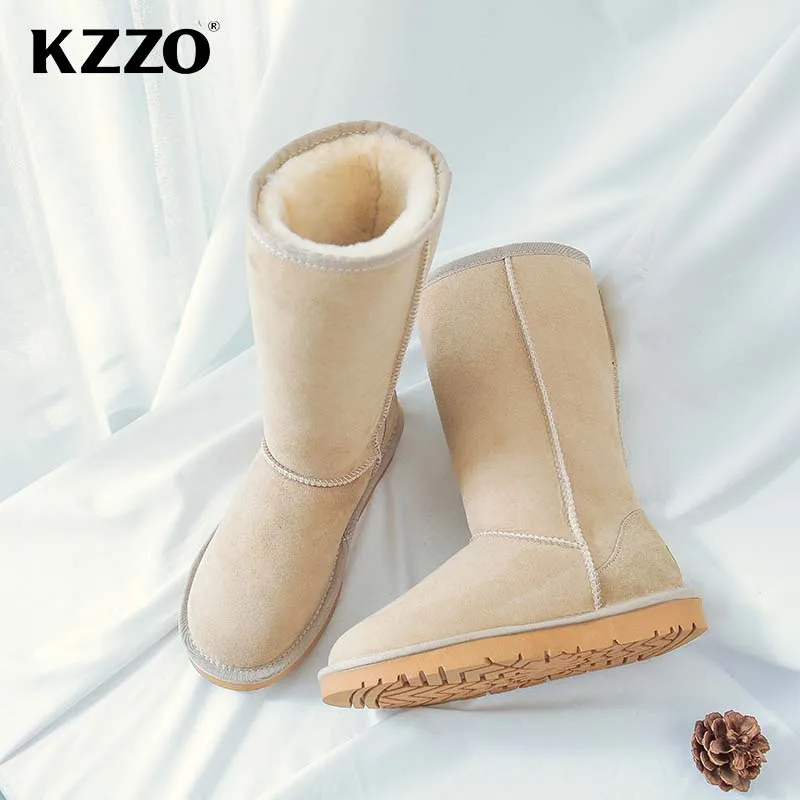 KZZO Real Sheepskin Suede Leather Women\'s High Snow Boots Natural Fur Wool Lined Winter Warm Casual Shoes Non-slip Comfortable