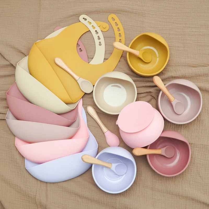 Children\'s Tableware Soild Food Training Waterproof Baby Bibs Infant Sucker Feeding Bowl And Wooden Handle Spoon Set Baby Stuff