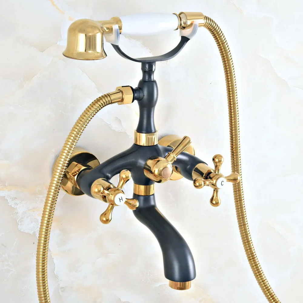 

Black Gold Color Brass Bath Shower Faucet Set Dual Knobs Wall Mounted Bathtub Mixers with Handshower Swive Tub Spout zna410