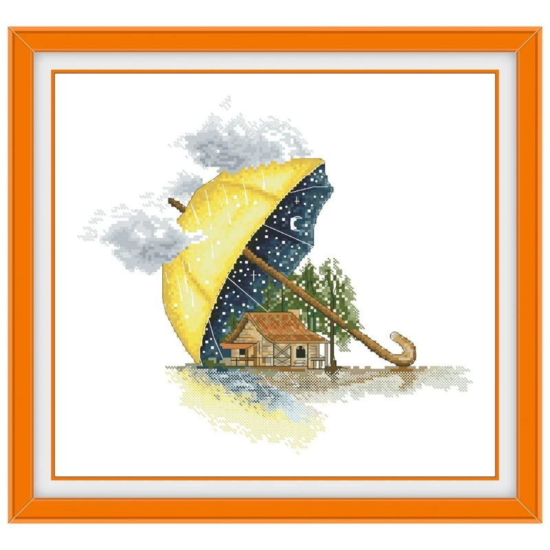 Casa bajo un paraguas gigante Paquete de punto de cruz 18ct 14ct 11ct tela blanca hilo de algodón bordado DIY costura hecha a mano