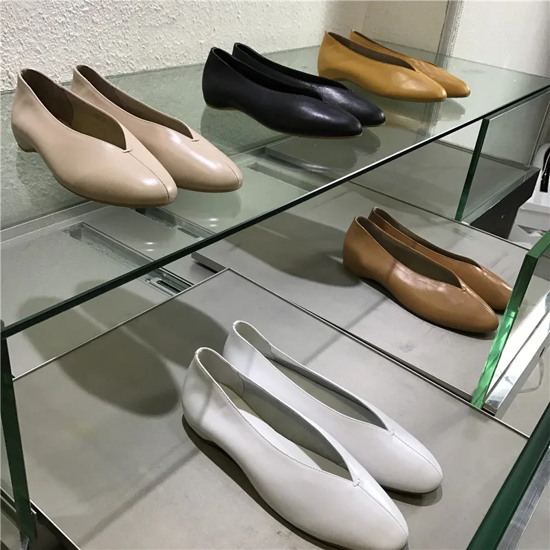 Size 34-41  New Round Toe Genuine Leather V Cut Design Flat Shoes Elegant Soft Ladies Leisure Footwear Vintage Lady Flats Shoes