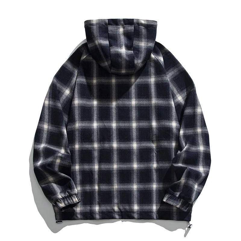 Ins Trendy Harajuku Plaid Hooded Sweatshirts Handsome Boyfriend Style All-Match High Street Zipper Fly Casual Loose Jackets Coat