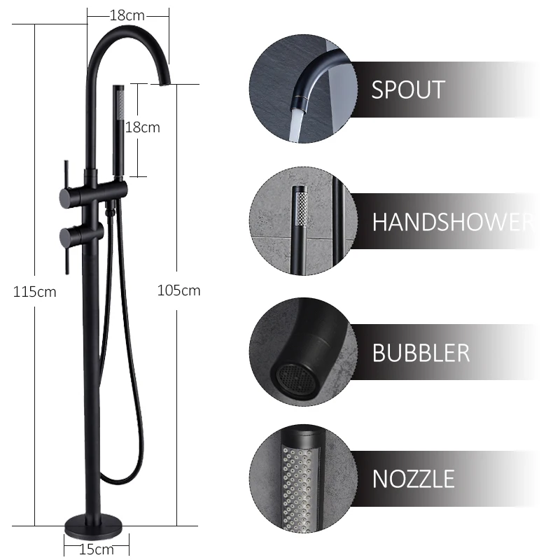 vidric black bathtub floor stand faucet mixer single handle mixer tap 360 rotation spout with abs handshower bath mixer shower