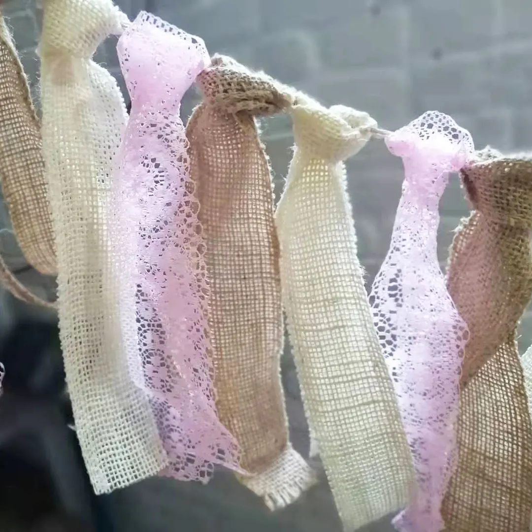 Drapeaux de banderole en dentelle, bannière en tissu de Jute Vintage, en toile de Jute rustique, drapeau de fête de mariage, décoration de réception-cadeau pour bébé