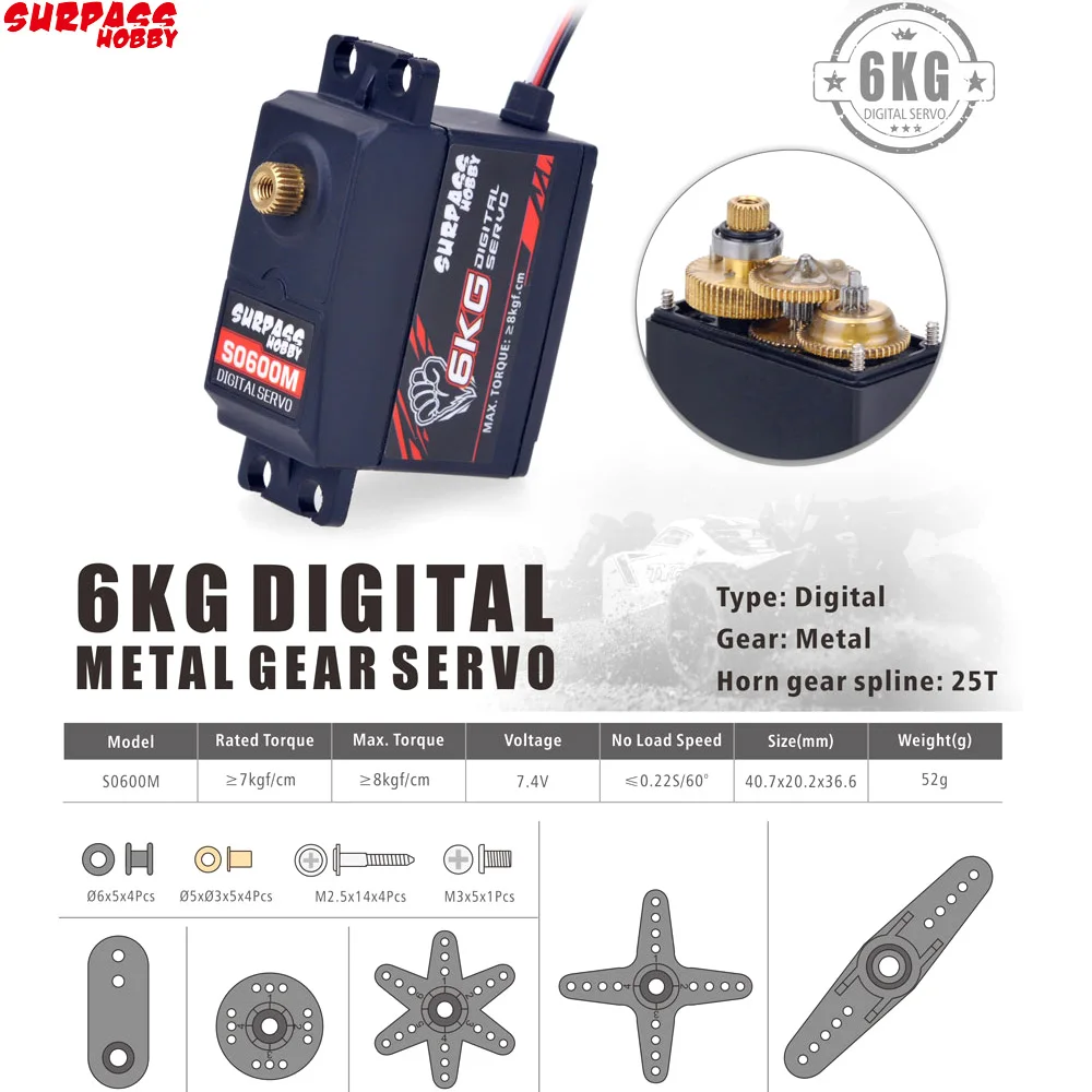 

SURPASS Hobby S0600M 6KG Metal Gear Servo Digital Servo for 1/10 High-Speed RC Car Aircraft RC Boat Smart Robot RC Model