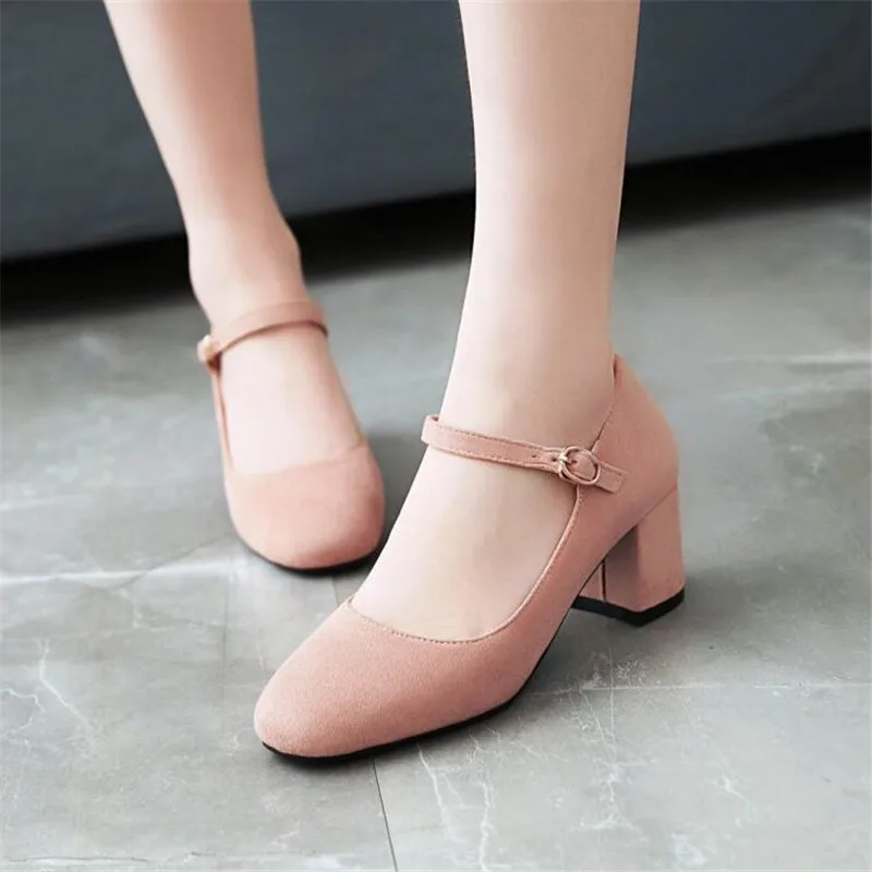 Girls Shoes New Women Pumps Solid Buckle Round Toe Lolita Shoes Square Heel Wedding Party Shoes Ladies High Heel Shoe Plus Size