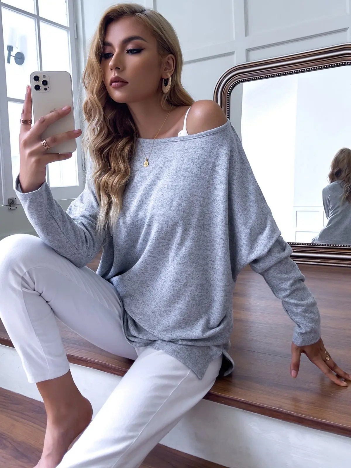 

Long Sleeve Loose Solid Color Boat Neck Drop Shoulder Oversized Sweatshirt Top T Shirt Ladies for Women