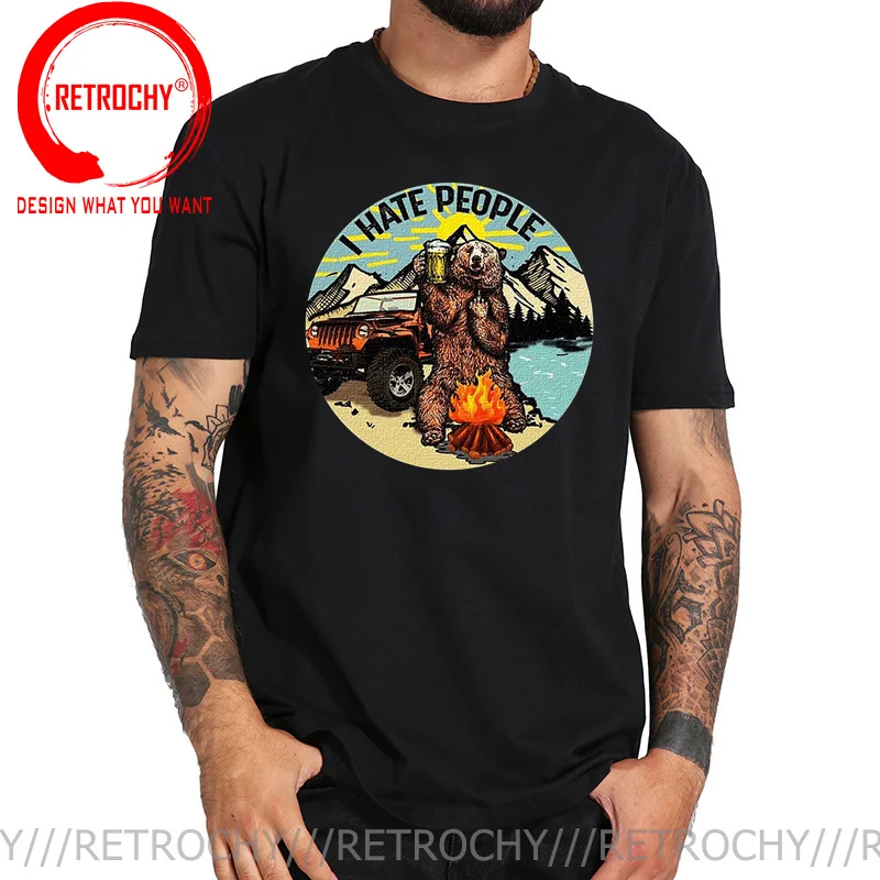 Funny Cartoon I Hate People Camping Bear T Shirt Retro Hiking Lovers Summer Tshirt Plus Size 100%Cotton Soft Cool Tops Tee shirt