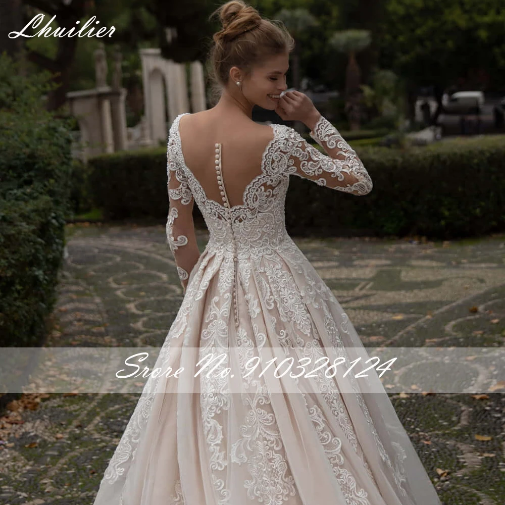 Lhuilier-vestido de novia de manga larga, prenda con Apliques de encaje, línea A, cuello transparente, cuentas de lujo, longitud hasta el suelo, cola de barrido