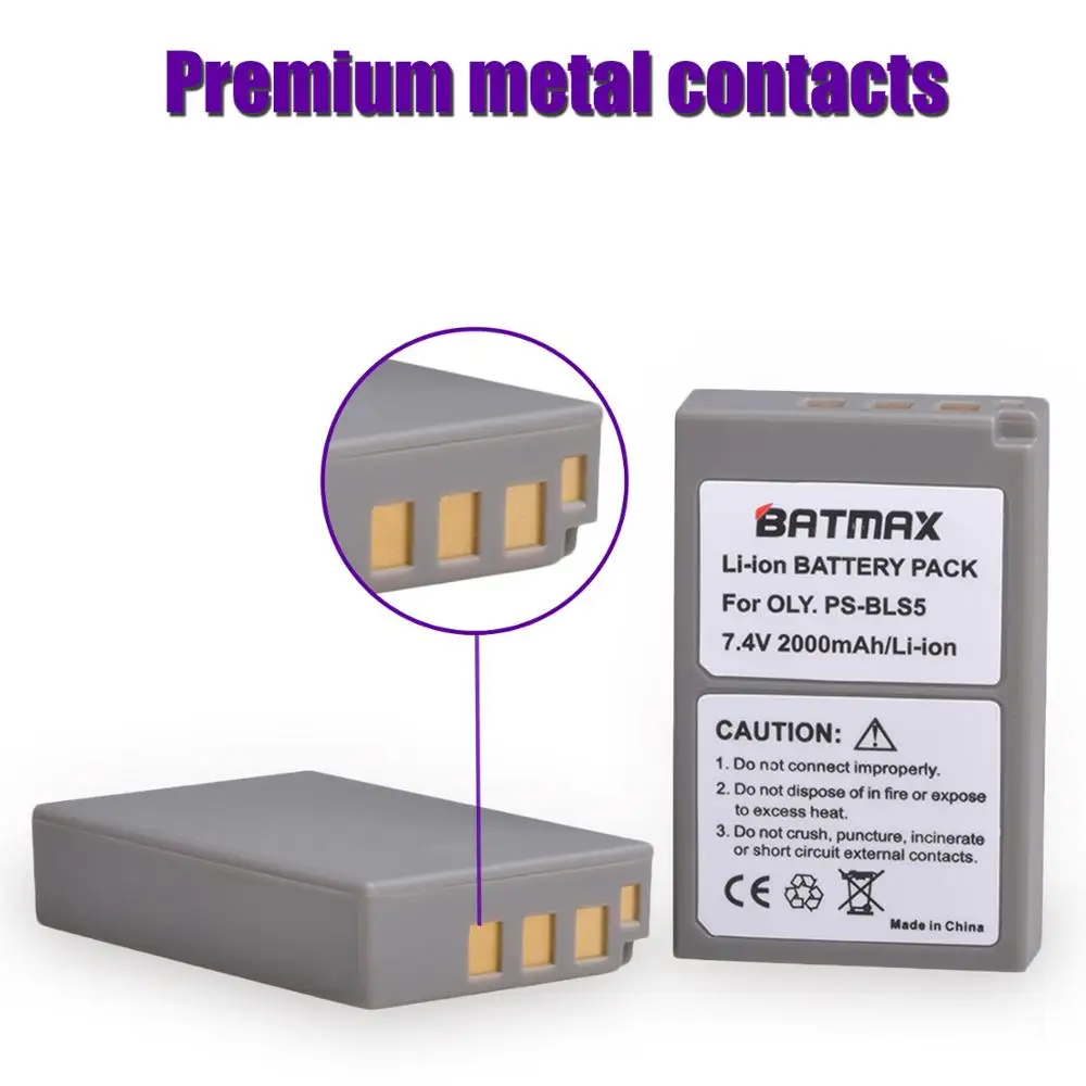 Batmax PS-BLS5 PS-BLS50 BLS5 Battery+New LED Dual Charger with Type C  for Olympus E-PL2,E-PL5,E-PL6,E-PL7,E-PM2, OM-D E-M10