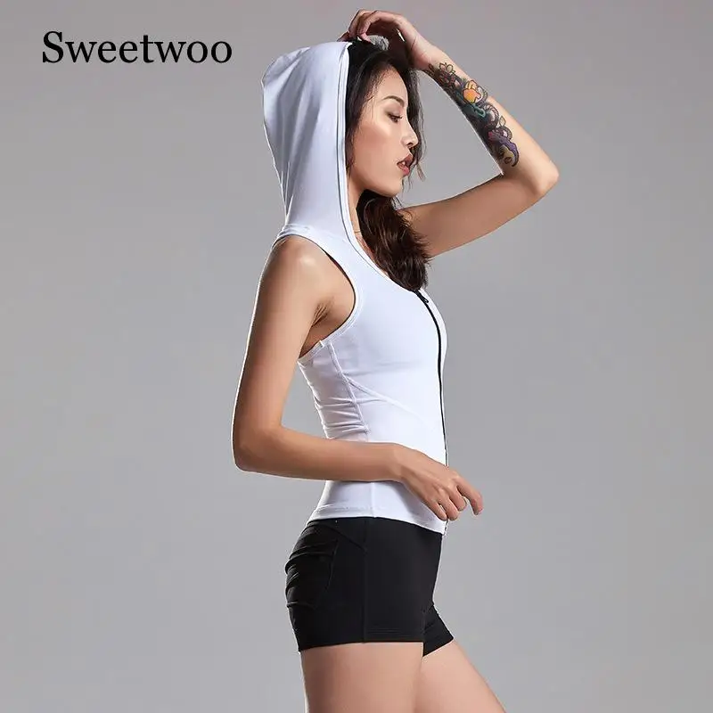 

SWEETWOO Women Yoga Vest Sexy Beauty Back Gym Sport Top Hooded Sleeveless Zipper Smock Elastic Force Tights Fitness Sport Wear