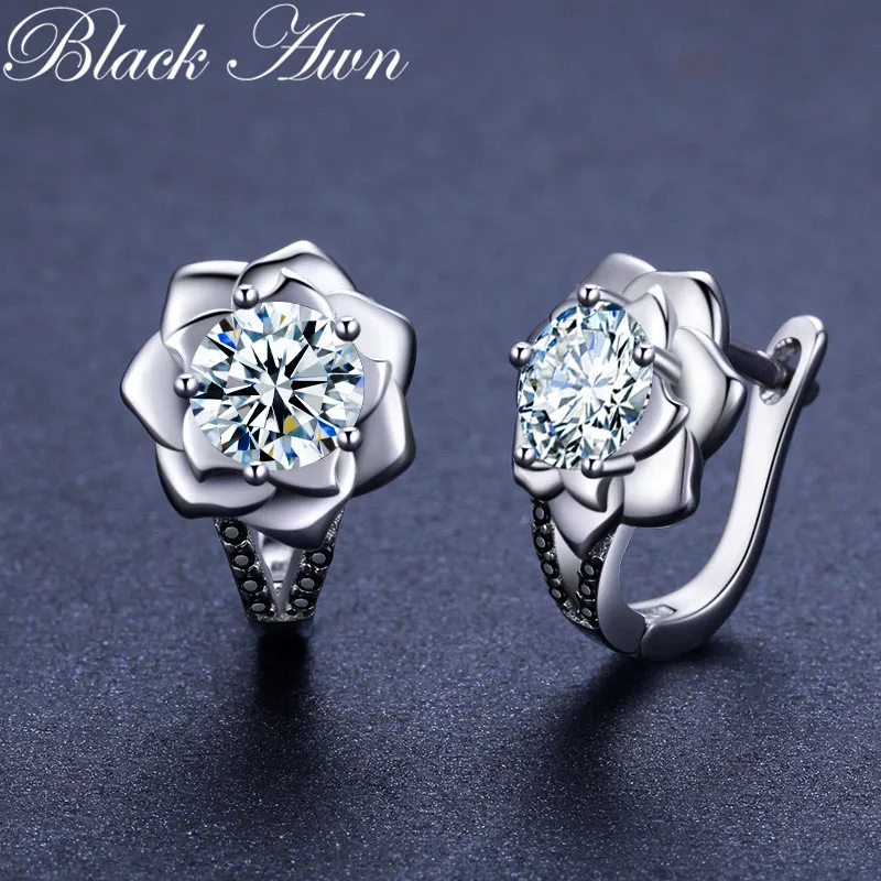 Black Awn Silver Color Round Black Trendy Spinel Engagement Flower Hoop Earrings for Women Jewelry Bijoux I152