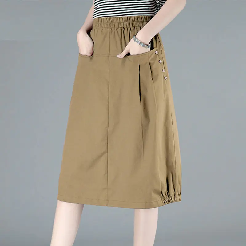 

Women Casual Skirts 2021 Spring Summer Korean Style Solid Elegant High Waist Pocket A-Line Knee Length Skirt