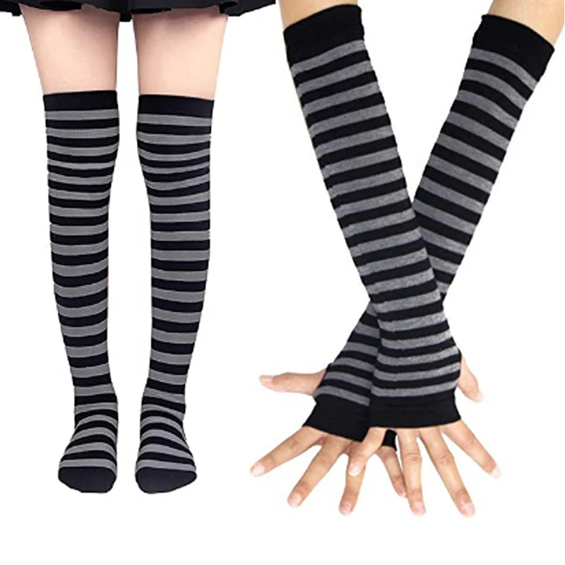 Women Girls Over Knee Long Stripe Printed Thigh High Striped Cotton Socks Gloves Sweet Cute Plus Size Overknee Socks Long Gloves