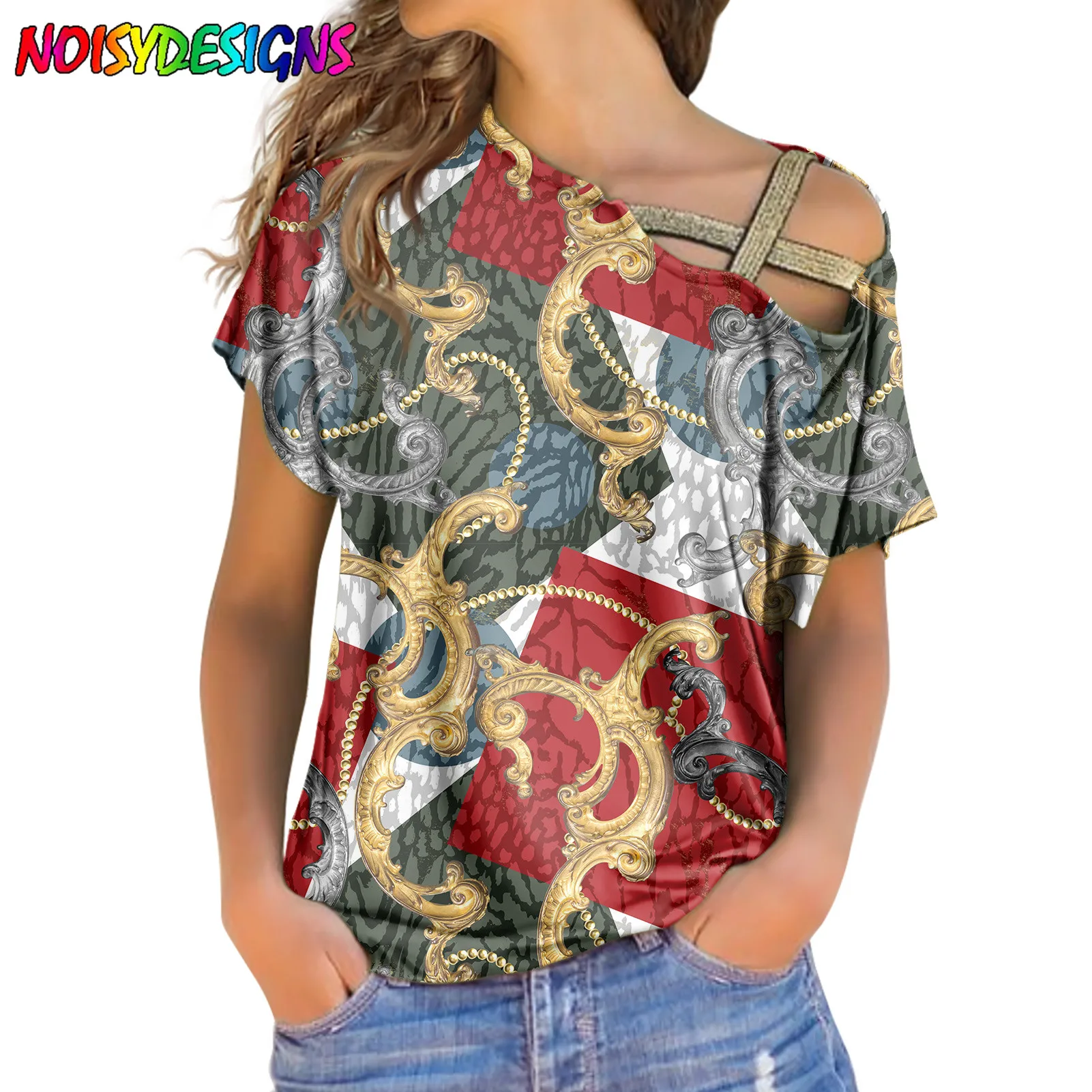 NOISYDESIGNS Womens Sexy Shoulder Short Sleeves T-Shirt Euporean Floral Print Casual Oblique Neck Loose Tops Mujer Camisetas