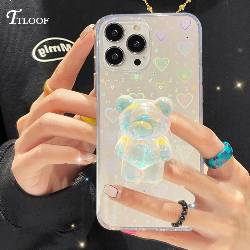 Korea Cartoon Bear Laser Heart Transparent Case For iphone 14 13 11 12 Pro Max Mini X XR XS 7 8 Plus SE 2020 Stand Holder Cover