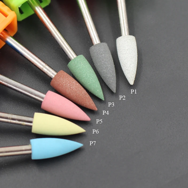 1Pcs Cuspidal 4mm Head 7 Colors Rubber Silicon Carbide Nail Buffer Electric Manicure Machine Nail Drill Accessories Rotary Tools