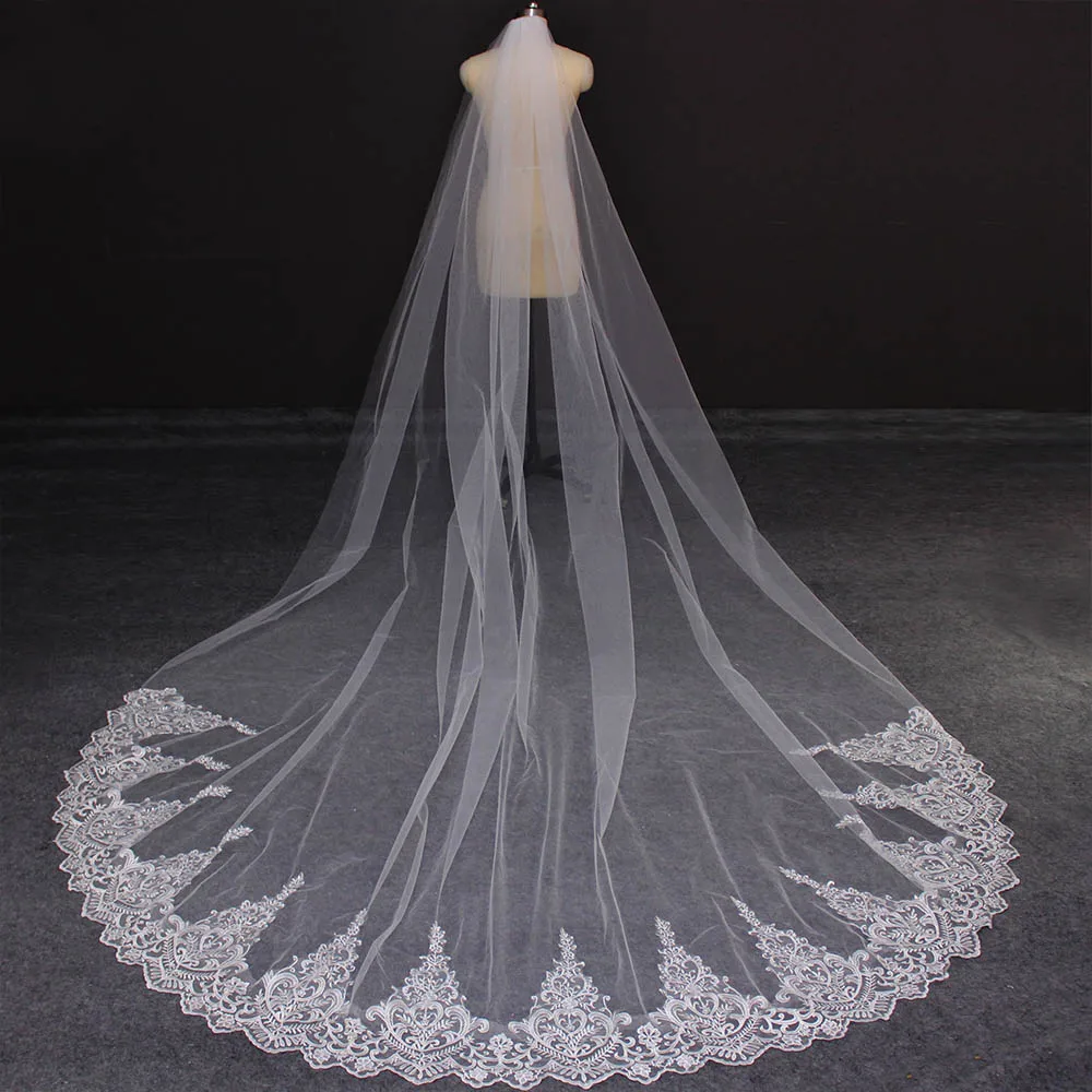 

New Lace 3 Meters Long Bridal Veil with Comb One Layer 3M Cathedral Wedding Veil Velo de Novia Wedding Accessories