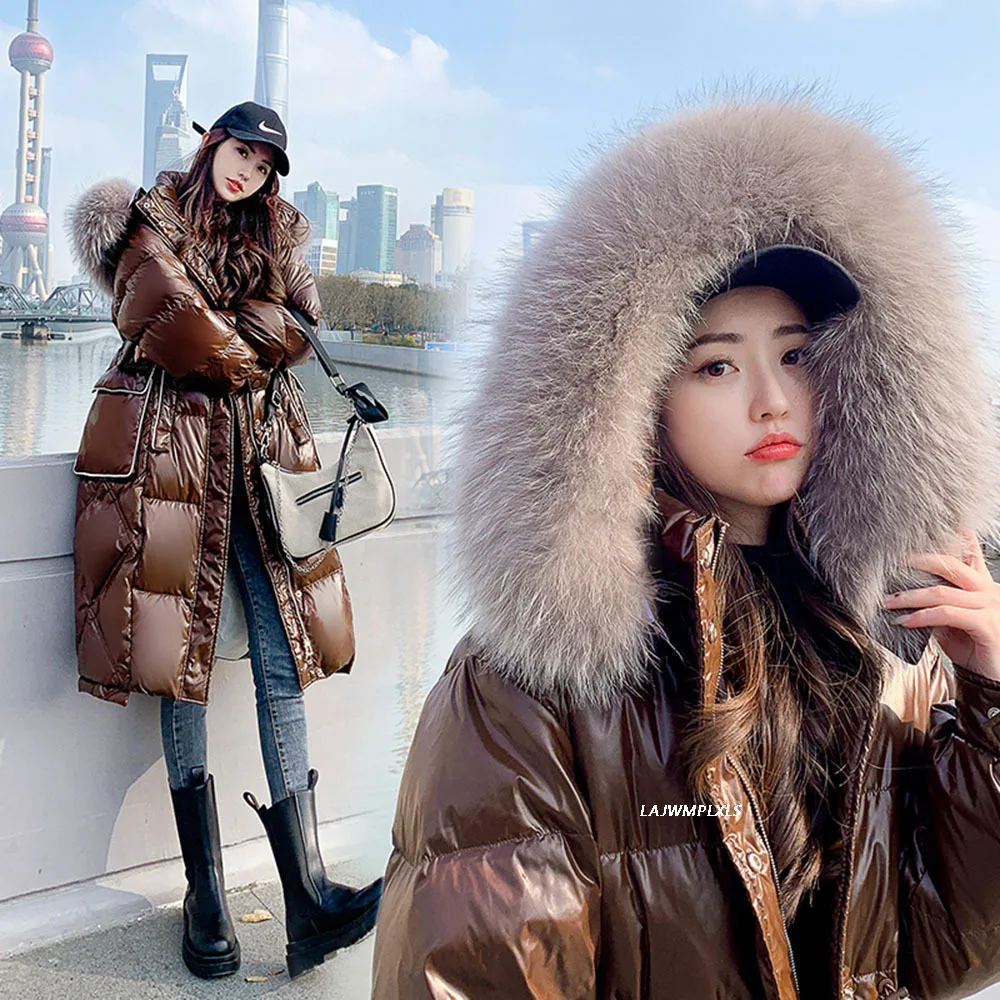 Luxury Brand Women\'s Winter 90% White Duck Down Jacket Real Raccoon Fur Collar Hooded Long Glossy Puffer Fluffy Feather Coat