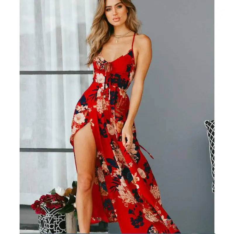 Summer women's dress sexy sling split v-neck tie print big swing holiday beach seaside one-piece dress