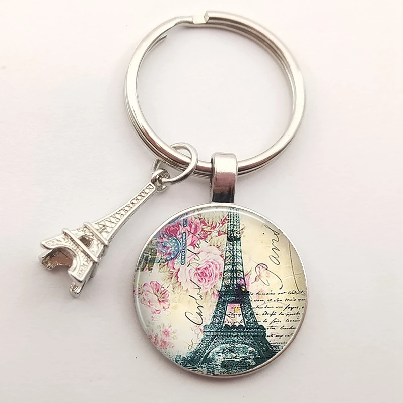 Romantic Paris Eiffel Tower Key Chains Art Lady Wander Drawing Design Glass Pendant Cute Keychain Keyring Women Bag Jewelry