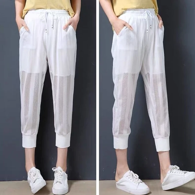 Joggers Women Harem Pants Fashion Chiffon Patchwork Mesh Transparent Sweatpants Casual High Waist Trousers Streetwear