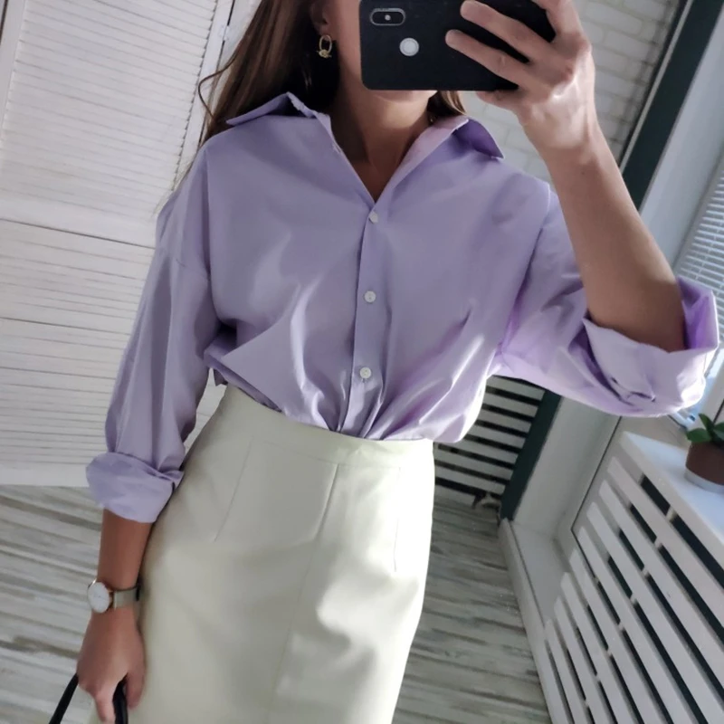 Seoulish-Blusa de manga larga holgada para mujer, camisa holgada elegante con botones, estilo coreano, color morado, 100% algodón, novedad de 2021