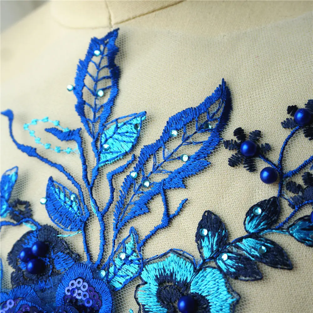 Royal Blue 3D Flower Lace Fabric Sequin Beads Rhinestone Embroidered Gown Appliques Sew Patch For Wedding Decoration Dress DIY