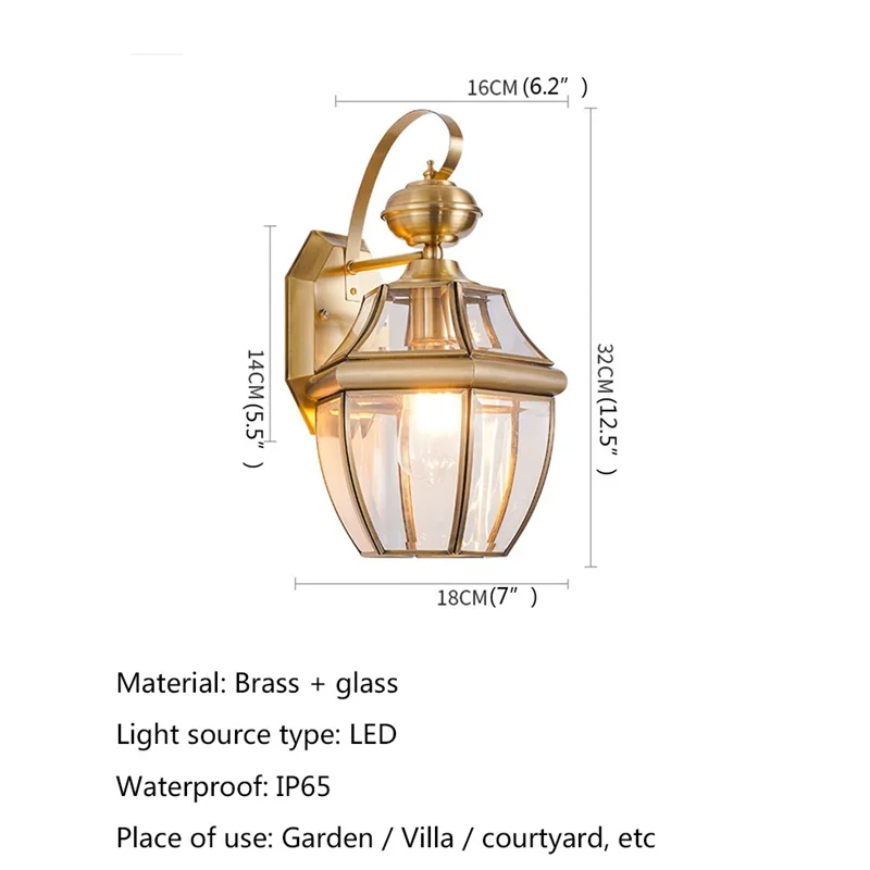 Hongcui Retro Outdoor Brass Wall Lamp Waterproof IP65 Sconces LED Lighting for Home Porch Courtyard