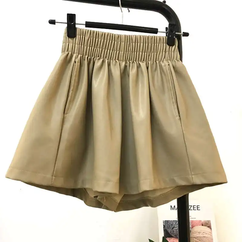 

Autumn Winter Solid Color Wide Leg Soft Faux Leather Shorts Women All-Match Fashion Loose High Waist Casual Biker Shorts C7706