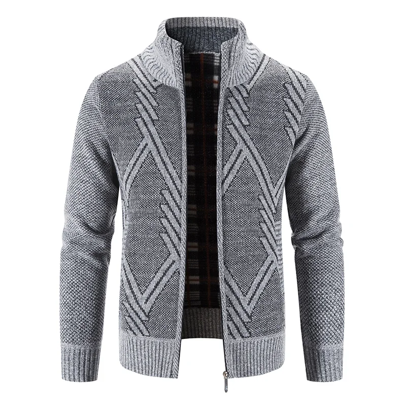 Casaco suéter masculino clássico casual turn-down cardigan moda listra zíper até manga comprida jaqueta de lã térmica