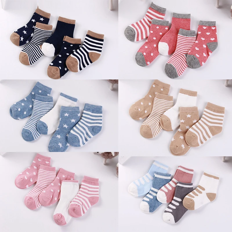 5 Pairs/lot 0 to 6 Years Kids Soft Cotton Socks Boy Girl Baby Cute Cartoon Warm Stripe Dots Fashion School Socks Autumn Winter