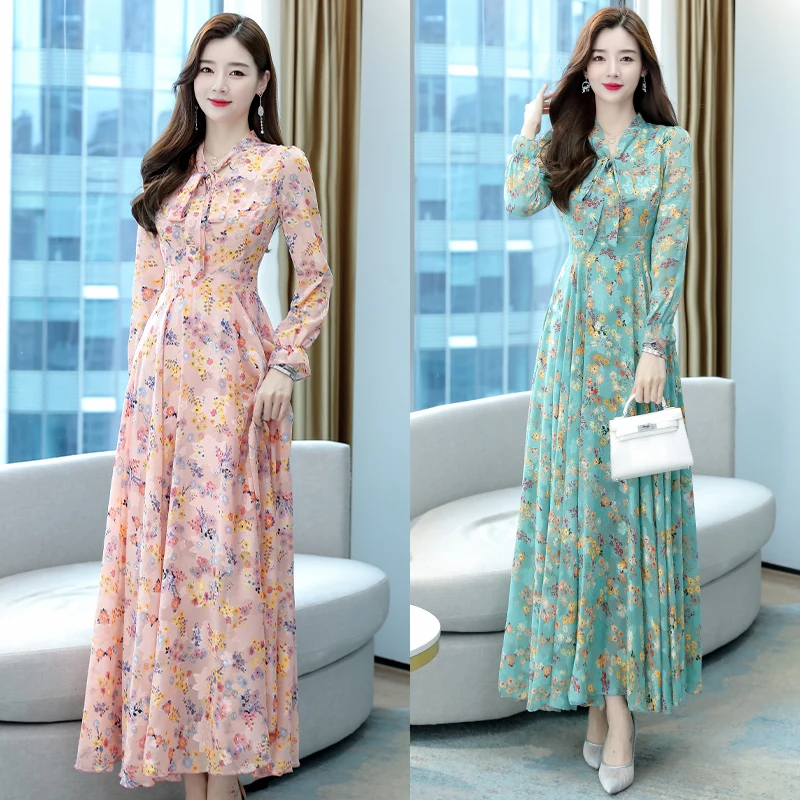 2024 Autumn Winter Vintage Women Maxi Dresses  Floral Chiffon Casual Beach Midi Dress Elegant Bodycon Party Long Sleeve Vestidos