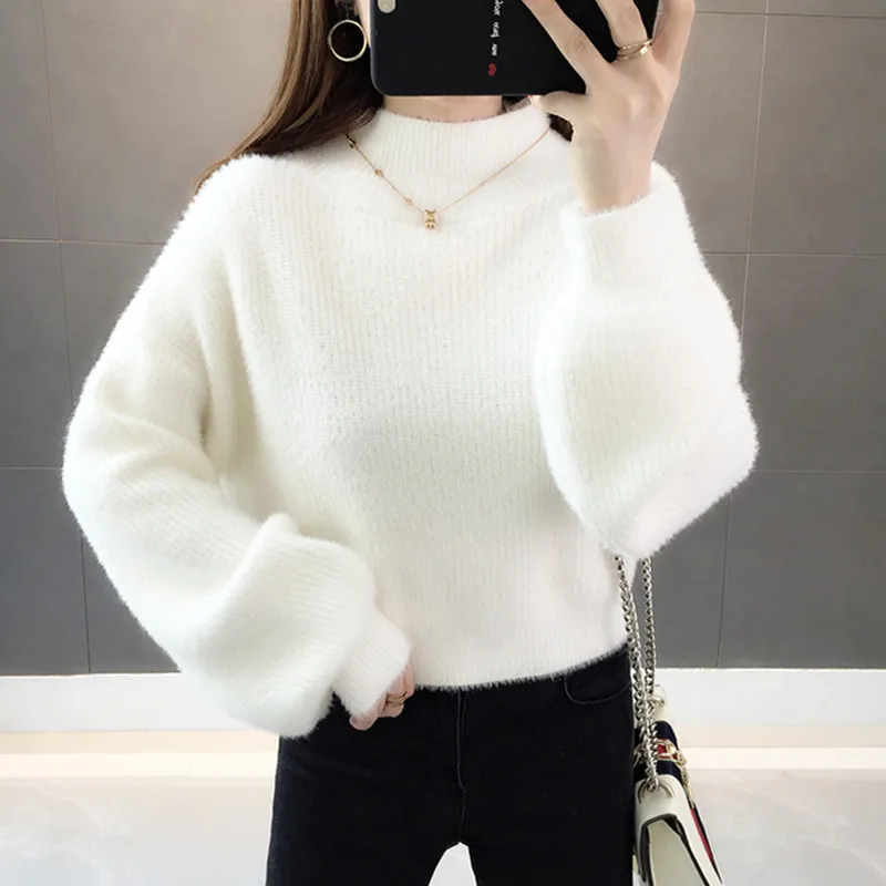 UHYTGF Women long sleeve sweaters Knit pullover turtleneck mink cashmere Winter sweater female High waist casual short tops 952