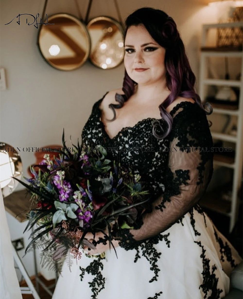 Robe de mariée trapèze en dentelle à manches longues personnalisée, robes de mariée noires et blanches, grande taille, patients, tout ce qui est personnalisé