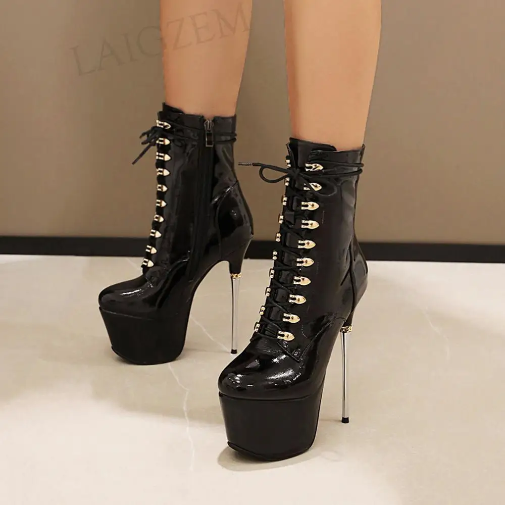 LAIGZEM SEXY Women Ankle Boots Platform Metal Stiletto Heels Side Zip Pole Dance Boots Party Shoes Woman Big Size 33 38 39 43