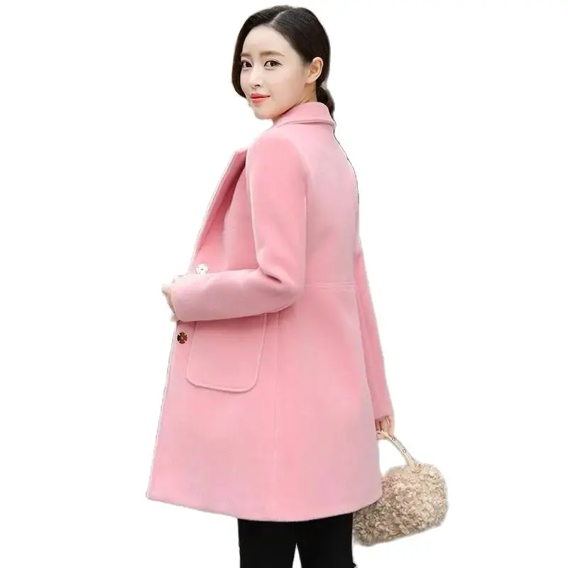 With Pendant Woolen Jacket Women's Mid-Long Korean Fashion Spring And Autumn 2022 Thicker Wool Coat Female Pink Yellow 1108