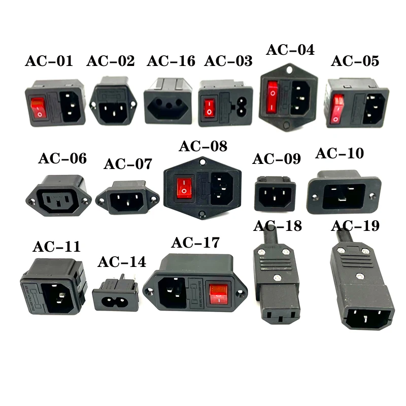 IEC320 C14 Electrical AC Socket 3 pin red LED 250V Rocker Switch 10A fuse female male inlet plug connector 2 pin socket mount