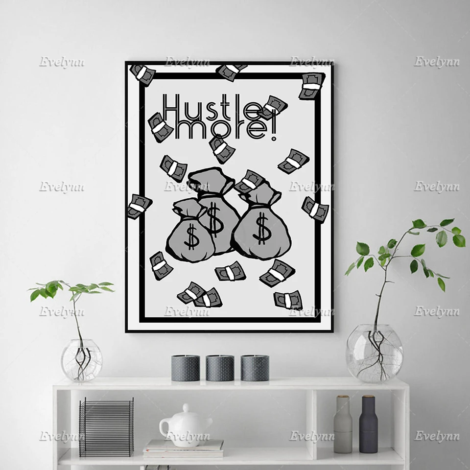 Wall Art Canvas Painting Hustle More Inspirational,Motivational Quotes Print Posters Floating Frame For Living Room Office Decor