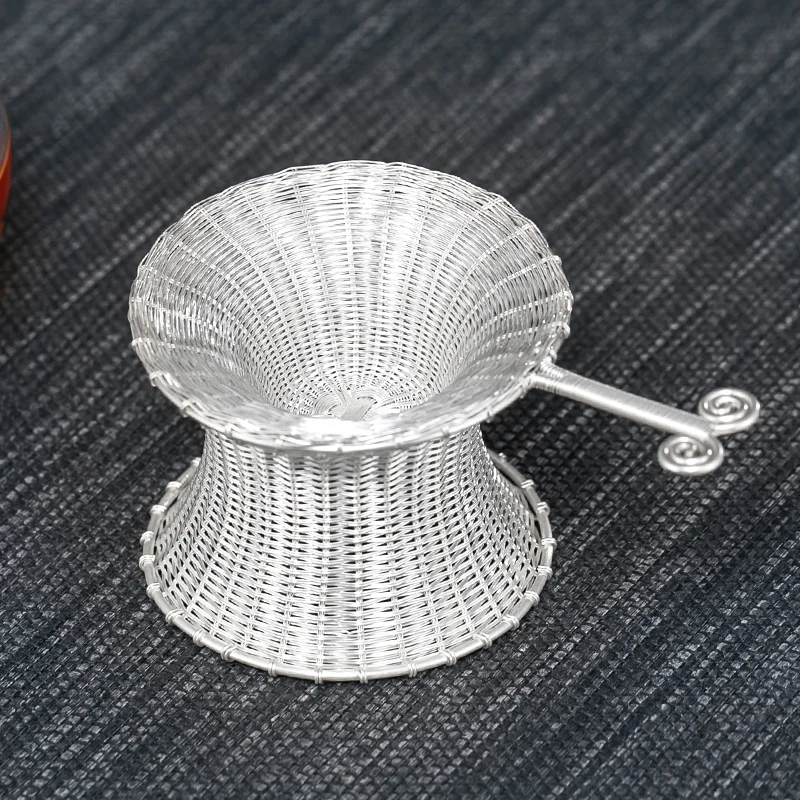 Sterling Silver 999 Tea Strainer Saucer, Handwork Weave Rattan, Kungfu Tea Rack, Drain Infuser Net Filter, Tearoom Tools