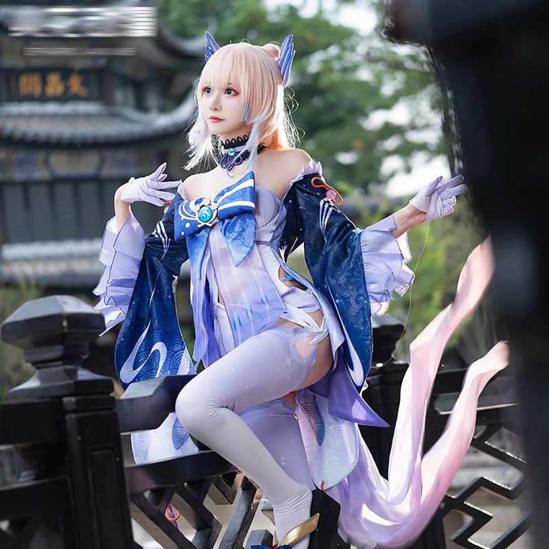 Genshin Impact Cos Sangonomiya Kokomi Cosplay Fairy and Sexy tube top blue gradient gauze Kimono full set